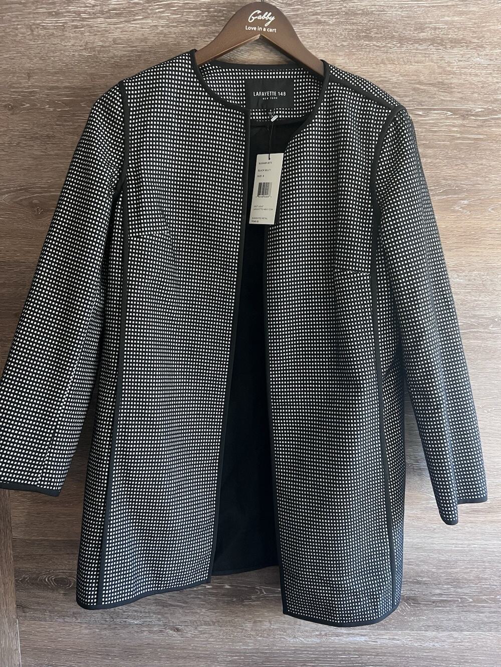 Lafayette 148 Blazer Polka Dot Black and White Leather Trim Size 6 Office Career